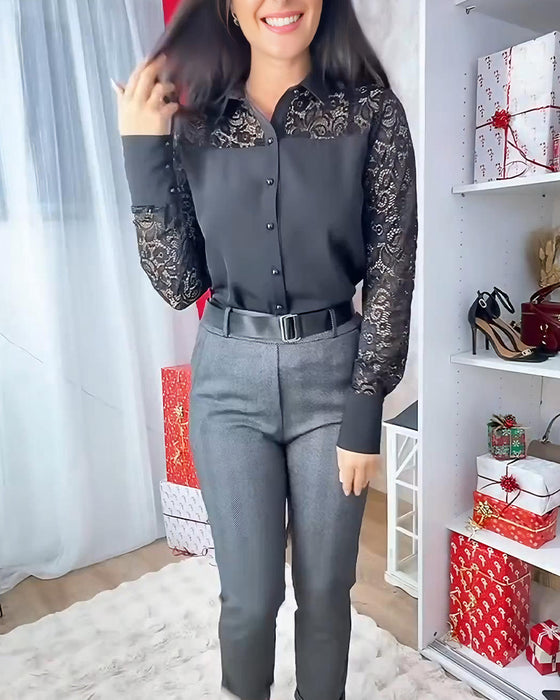 Elegant Spetsblus Med Nedvikt Krage