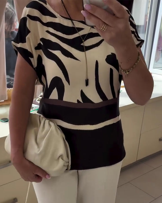 Blus Rund Hals Geometrisk Patchwork Kort Ärm