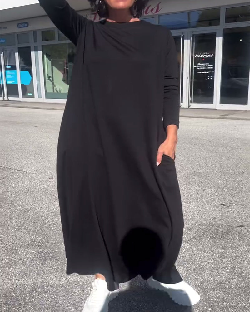 Klänning Lössittande Lång Ärm Rund Halsringning