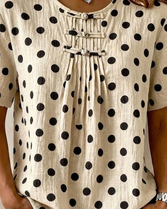 Blus Polka Dot Frog Button Kort Ärm