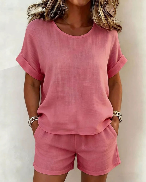 Set Solid Rund Hals Kort Ärm Shorts