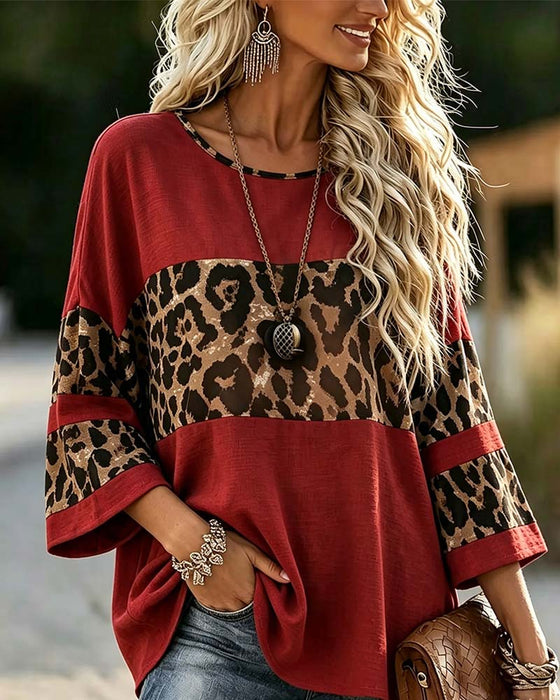 Topp Rundhalsad Leopard Färgblock