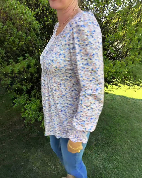Puffärmad Blommig Veckad Topp