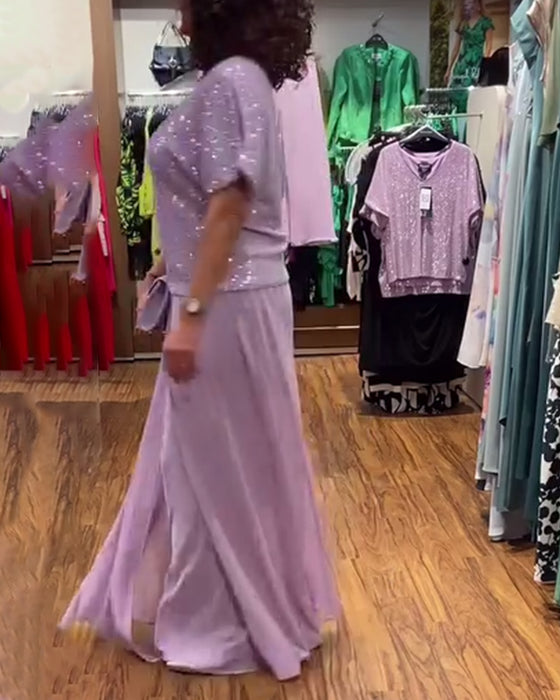 V-ringad kortärmad blus med lös paljett