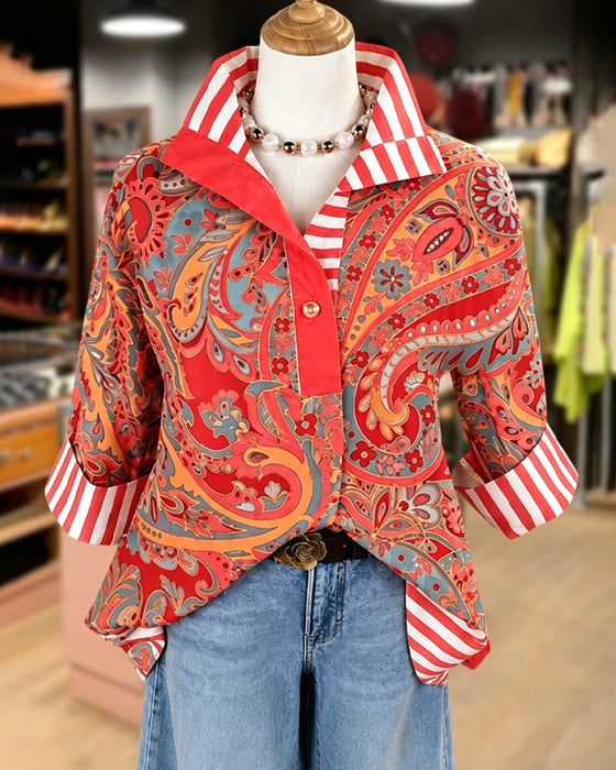 Blus Patchwork Blommig Tryck Casual