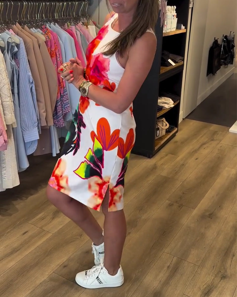 Klänning Akvarell Stor Blomma Ärmlös Höft