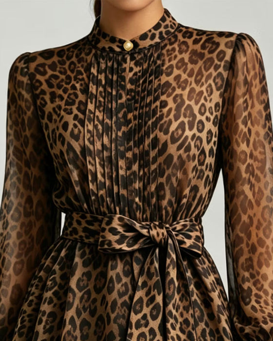 Blus Leopard Tryck Ståkrage Puff Ärm Snörning