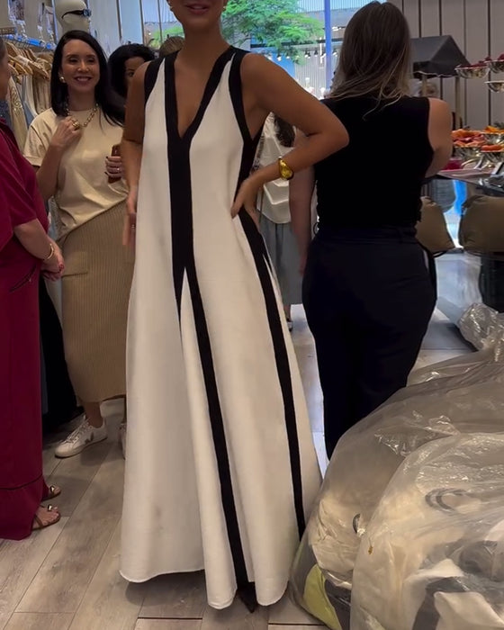 Klänning V-ringning Ärmlös Färgblock Lös