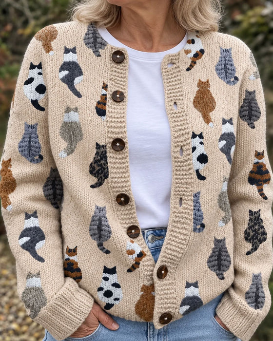 Cardigan Katt Rygg Tryck Stickad