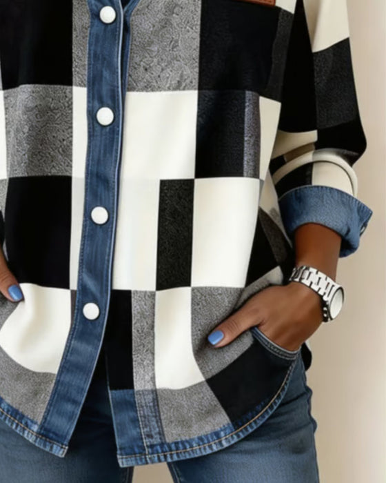 Skjorta Rutig Färgblock Denim Patchwork