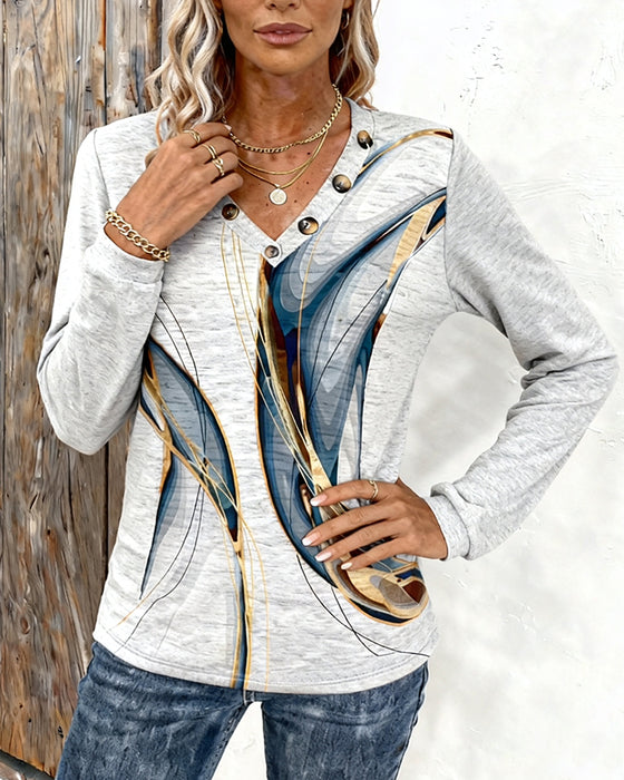 Tryckt Casual Topp Med V-Ringning Och Långa Ärmar