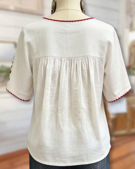 Blus Rundhalsad Broderad Bohemisk