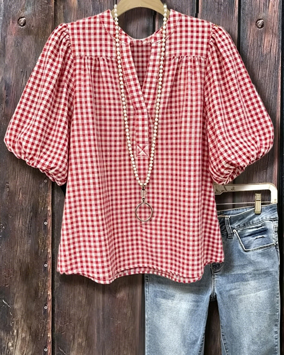 Blus Rutigt Print Puffärm Kortärmad