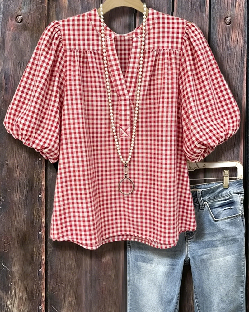 Blus Rutigt Print Puffärm Kortärmad