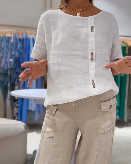 Casual Lös T-shirt Med Knapp