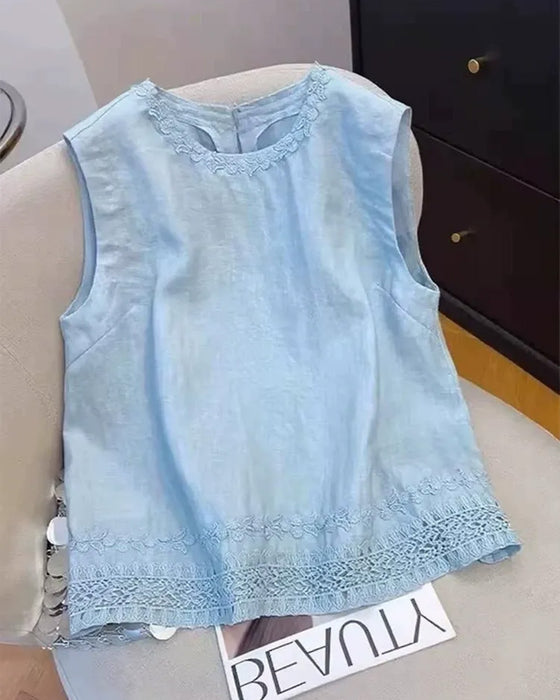 Tank Top Rund Hals Broderad Kant