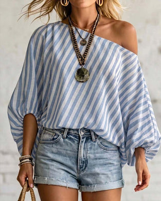 Blus Asymmetrisk Hals Rand Puffärm