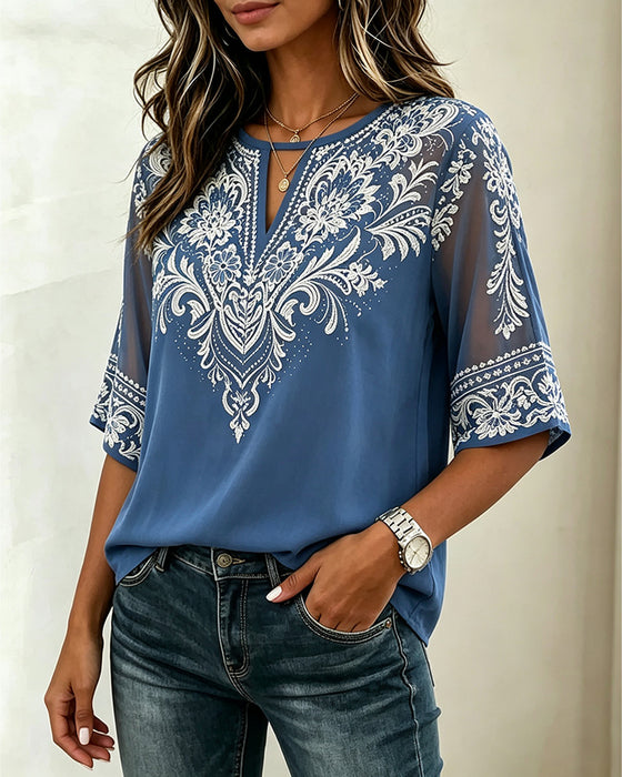 Blus V-Hals Sheer Etnisk Tryck