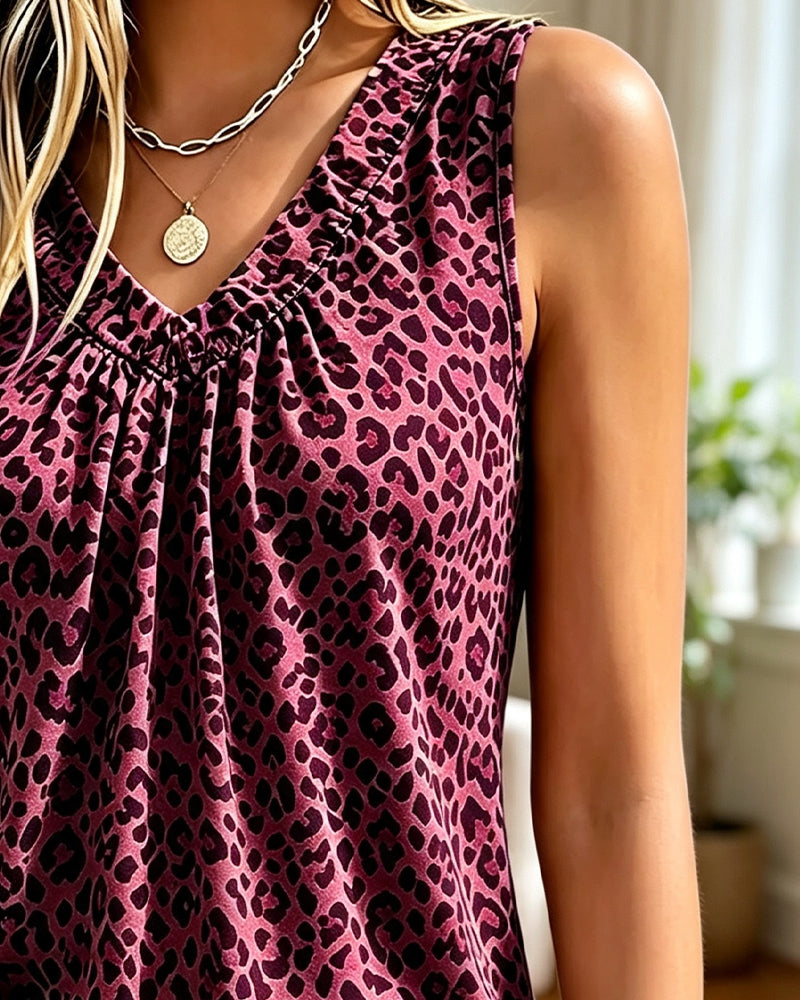 Tank Top V-Hals Leopard Rynkad