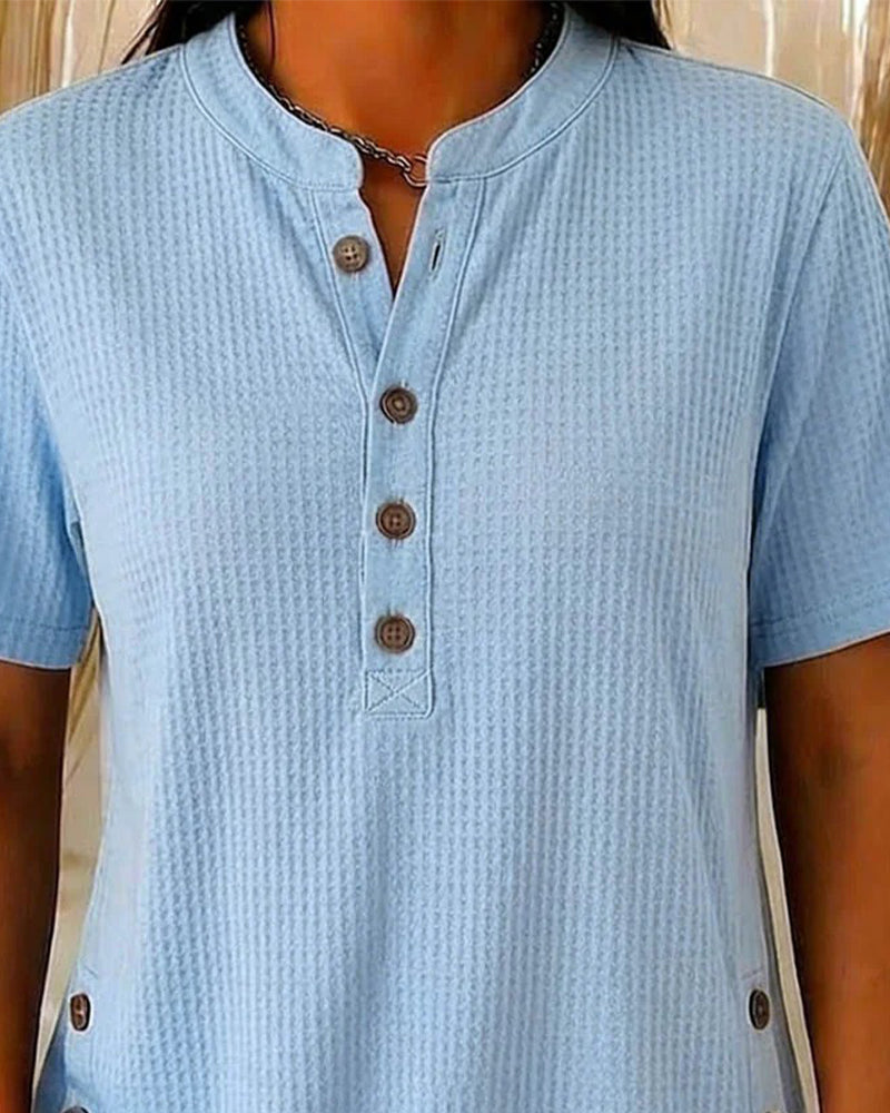 T-Shirt Våffla Henley Kort Ärm