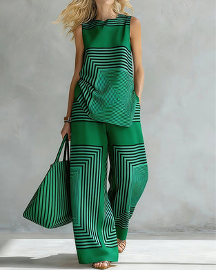 Set Rundhalsad Linne Vida Byxa Geometriskt Print