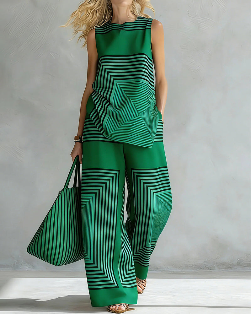 Set Rundhalsad Linne Vida Byxa Geometriskt Print