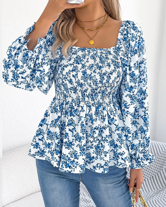 Blus Fyrkantig Hals Rynkad Blommig Ruffle
