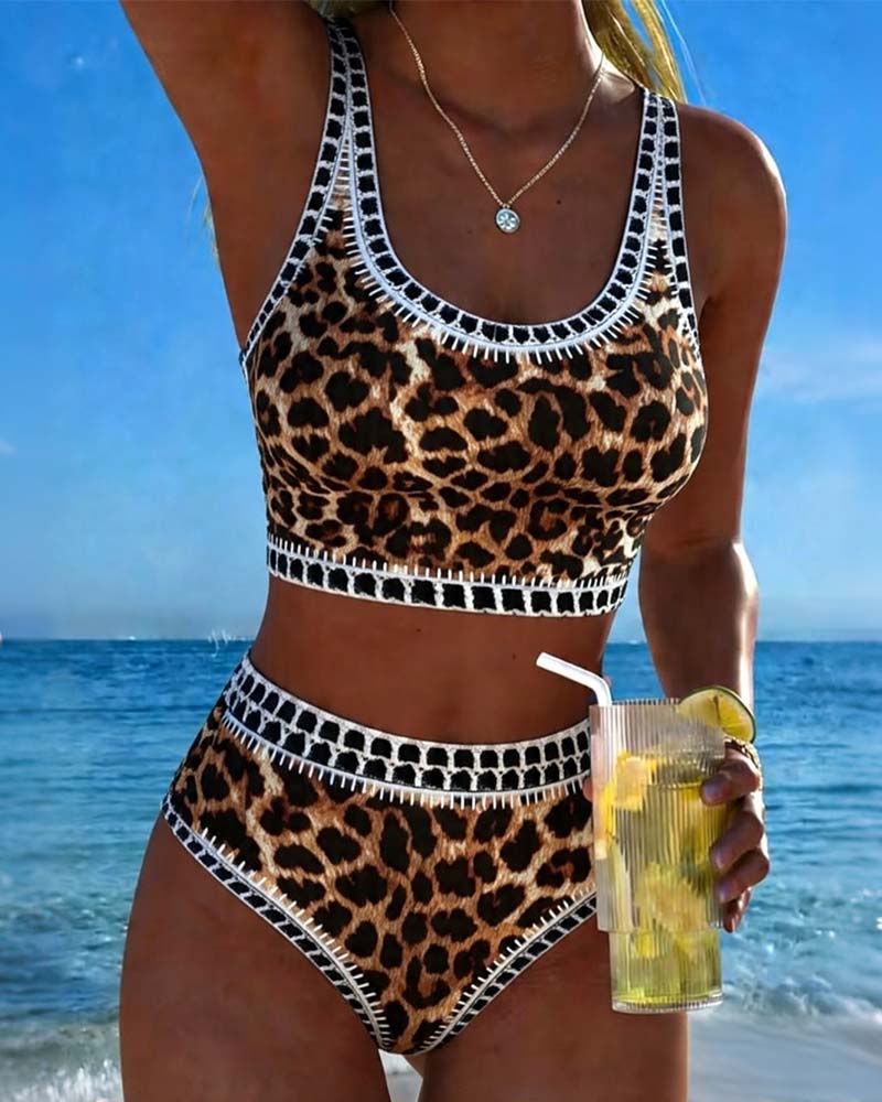 Bikini U-Formad Kontrast Leopard Tryck