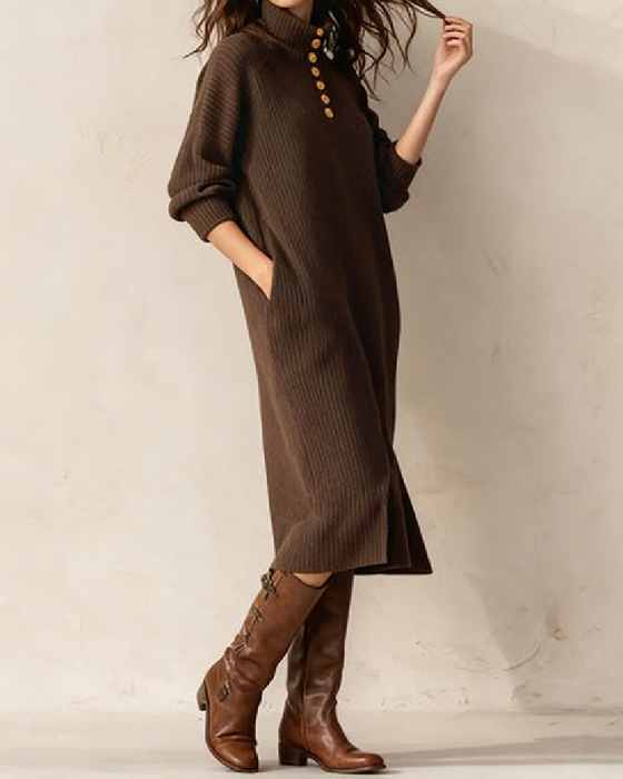 Klänning Med Hög Hals Design, Knapp Detalj Och Spaltad Nederkant