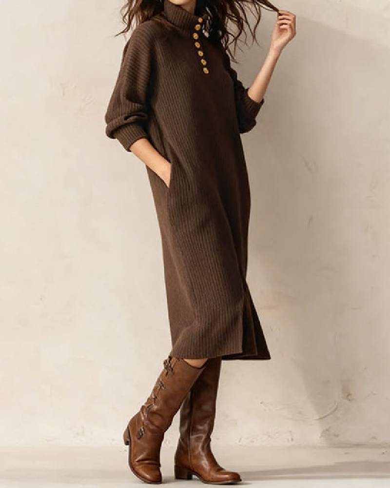 Klänning Med Hög Hals Design, Knapp Detalj Och Spaltad Nederkant