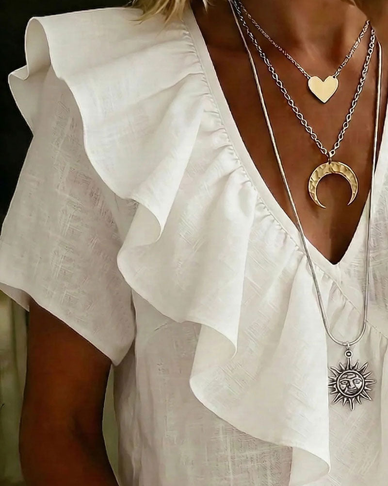 Blus V-Ringad Kort Ärm Volang