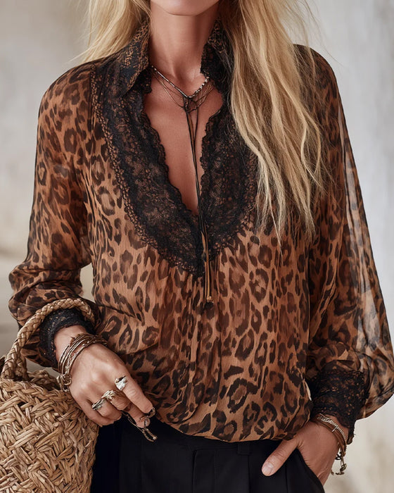 Blus V-Hals Leopard Lång Ärm