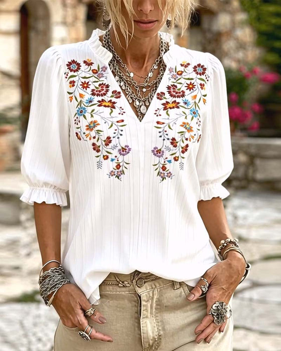 Blus Ruffle Trim Tryck Casual