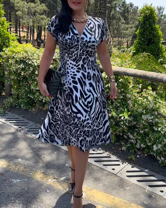 Klänning V-Ringning Dragkedja Leopardtryck