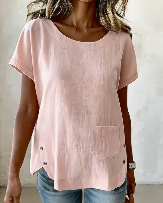 T-Shirt Bomull Lin Knapp Detalj Kort Ärm