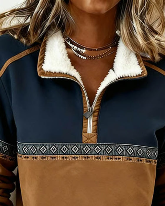 Retro Hoodie Med Färgblockning Och Pälskrage