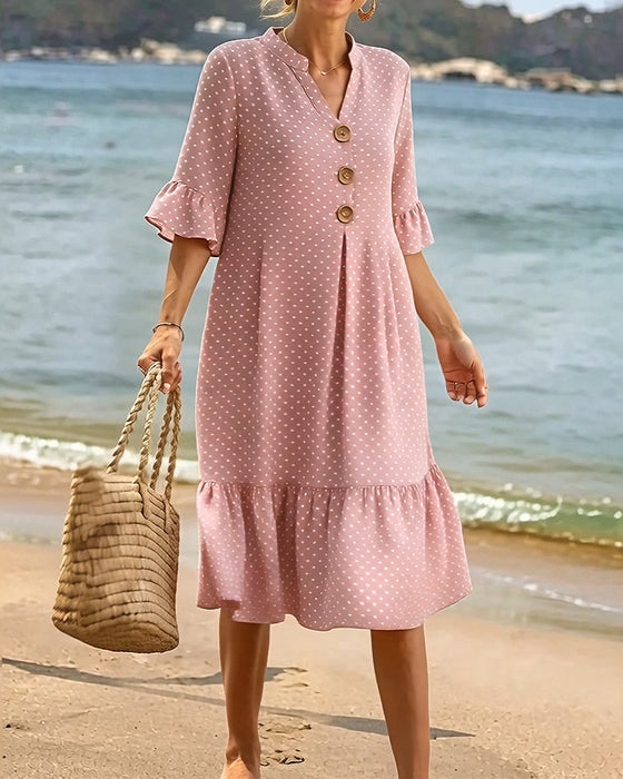 Klänning Polka Dot V-Hals Rynkad Ärm