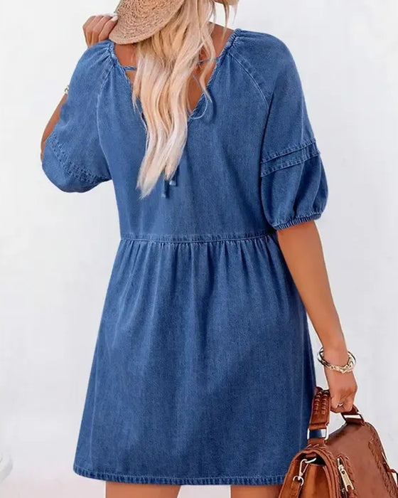 Klänningar Denim V-Hals Puff Ärm