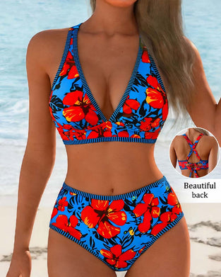 Bikini Blommig Djup-V Hög-Midja