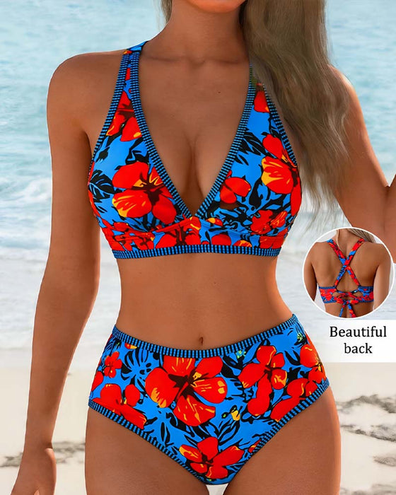 Bikini Blommig Djup-V Hög-Midja