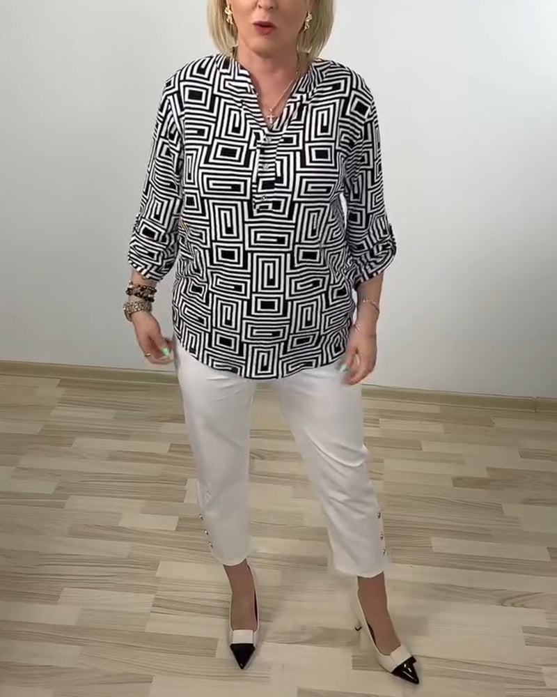 Skjorta Geometrisk Halv-Öppen Krage Tredje-Kvart Ärm