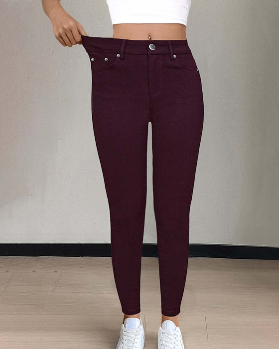 Byxa Kvinnors Ficka Enfärgad Slimmad Casual