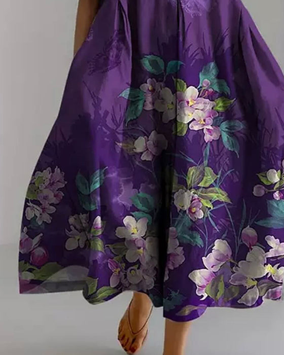 Klädning Rundhalsad Lila Blommig