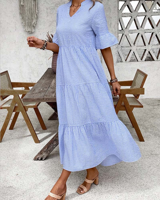 Kläning Blå Vit Gingham V-Hals