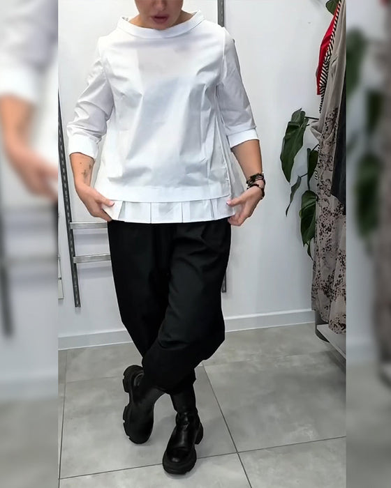 100% Bomull  Blus Vid Krage Enfärgad Casual