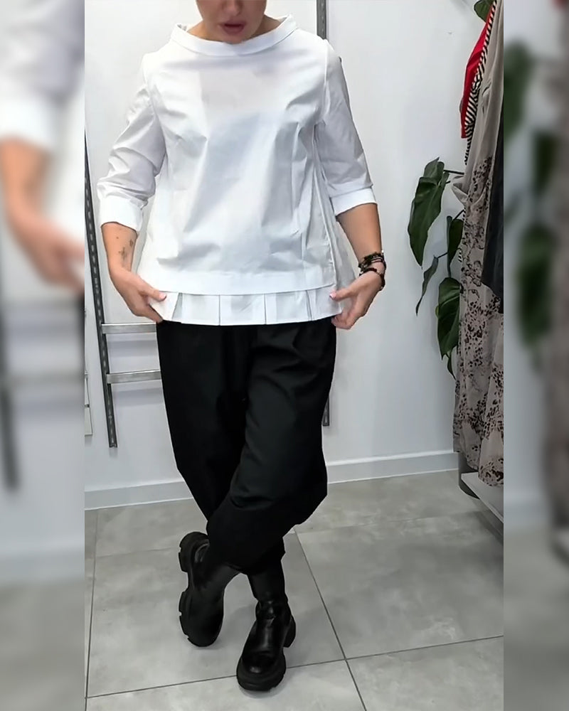 100% Bomull  Blus Vid Krage Enfärgad Casual