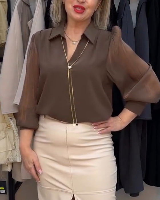 Blus Elegant Krage Chiffong Puffärm
