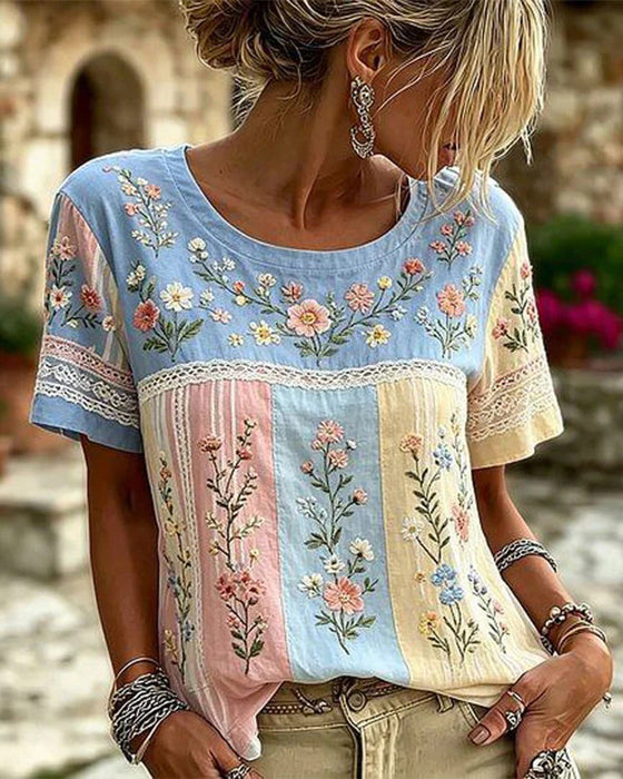 Blus Rundhals Lapptäcke Blommig