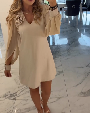 Klänning Tredimensionell Blomma V-ringning Lykta Ärm