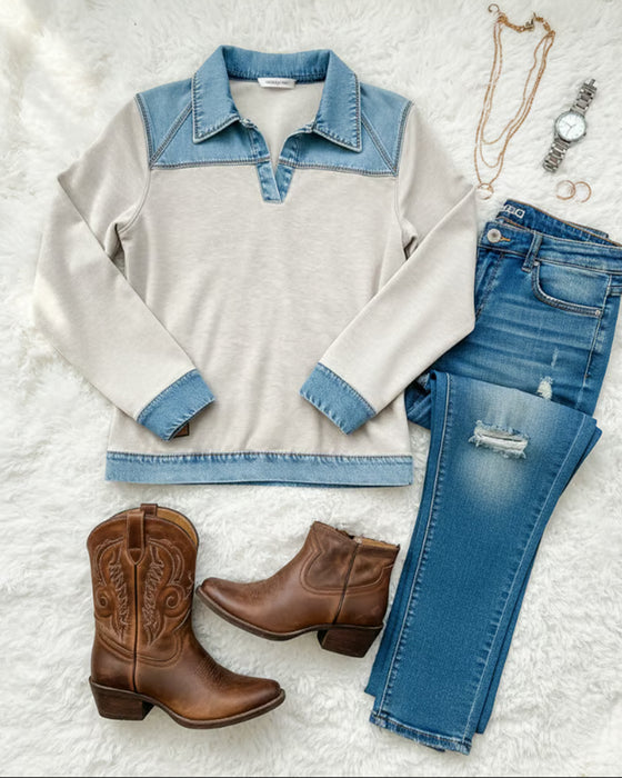 Sweatshirt Modig Krage Färgblock Hopfogad